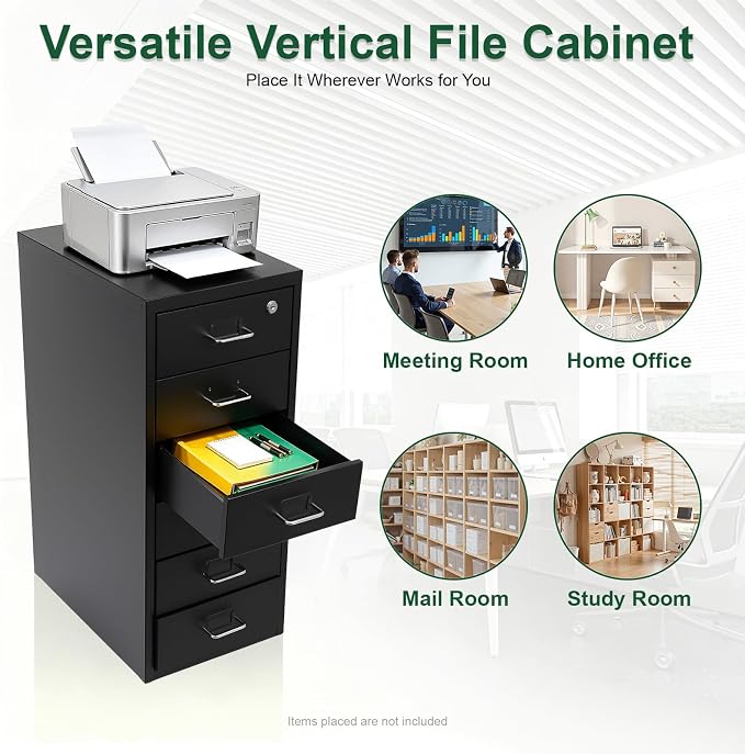 6 Drawer Vertical File Cabinet with Lock, Metal Movable Office Storage Cabinet, Under-Desk File Cabinet with Wheels, for Home Office Use (Black)