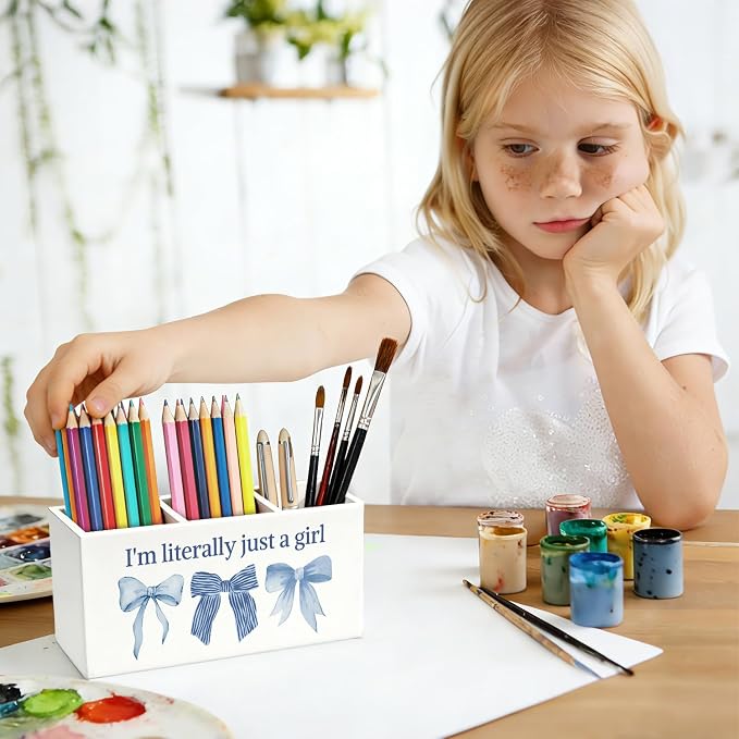Coquette Blue Bow Pen Pencil Holder for Desk, Preppy Desk Decor, I'm Literally Just a Girl Preppy Aesthetic Wooden Box Sign Decorations for Girls Bedroom Room Dorm Tabletop
