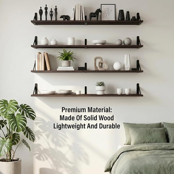 Long Wall Shelf,Large Floating Shelves for Wall,Wood Floating Bookshelves Hanging,Book Storage Display for Living Room Bedroom Office Bathroom Decor,4 Pack,36 Inch,Dark Brown