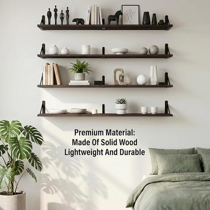 Long Wall Shelf,Large Floating Shelves for Wall,Wood Floating Bookshelves Hanging,Book Storage Display for Living Room Bedroom Office Bathroom Decor,4 Pack,36 Inch,Dark Brown