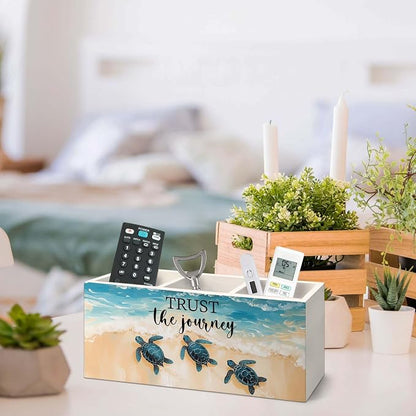 Coastal Beach Sea Turtle Pen Holder for Desk, Inspirational Sea Turtle Pencil Organizer, Trust the Journey Ocean Beach Wooden Pen Holder Desk Accessories Decor for Home Office