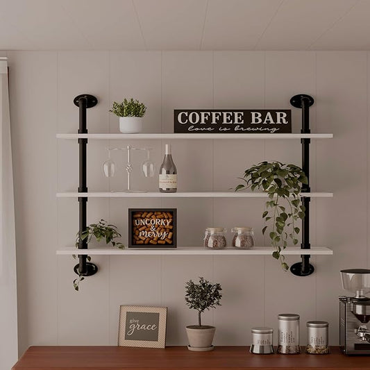 HDDFER Floating Bookshel Industrial Pipe Shelving Pipe Shelves Rustic White Wall Shelves 36 Inch Farmhouse Book Shelves for Kitchen Bar,Bathroom Wall Mounted