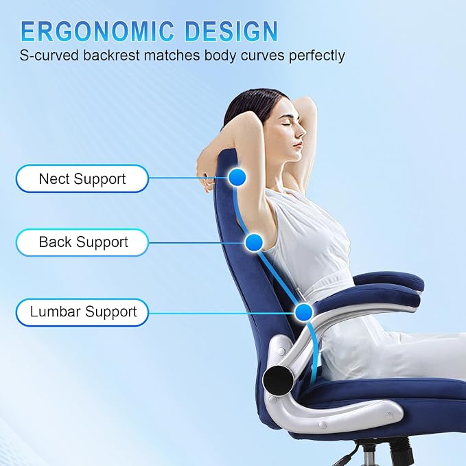 Executive Office Chair with Lumbar Support, Back Support Office Chairs with Wheels, 90-120°Rocking High Back Ergonomic Desk Chair with Flip-up Armrs, Home Computer Chair (Blue)