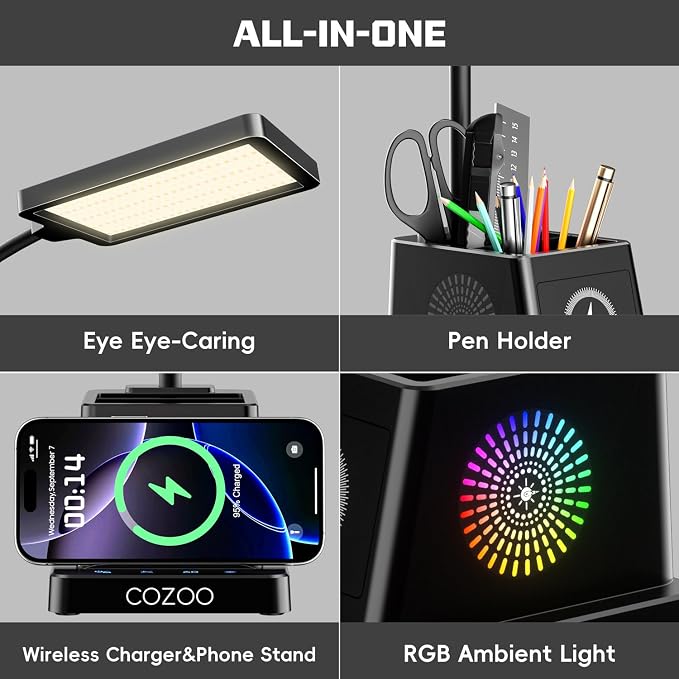 cozoo LED Desk Lamp for Home Office, Desk Light with 15W Wireless Charger Pen Holder, 12 Lighting Modes Desk Lamp for Bedroom, Small Table Lamp for College Dorm, Study, Craft, Nail, Black