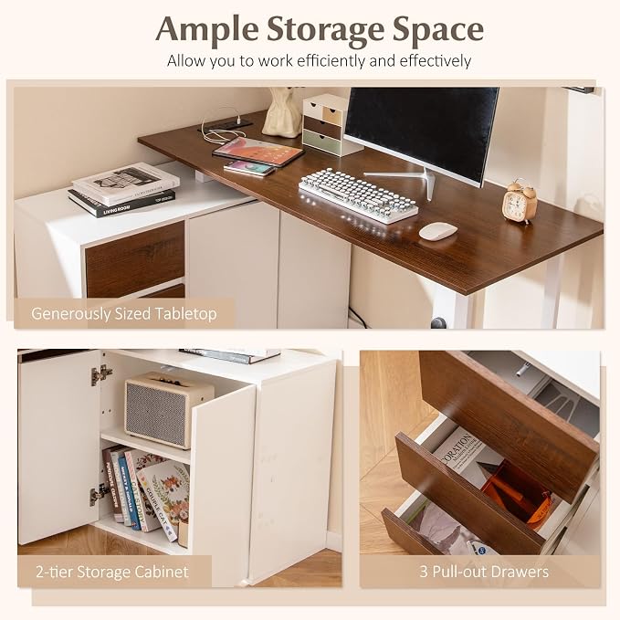 GOFLAME 54.5” L Shaped Computer Desk with Power Outlet, Reversible Corner Desk with File Cabinet and 3 Drawers, PC Desk Study Writing Table Workstation for Home Office, Small Space, Brown & White