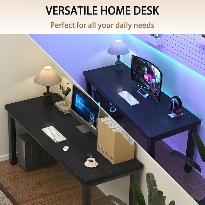 55 Inch Computer Desk, Modern Table with Thick Tabletop, Small Gaming Desk with Adjustable Feet, Study Writing Table for Home Office Work, Black