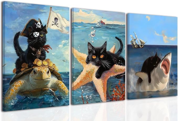 Framed Black Cat Wall Art Funny Cat Shark Turtle Starfish Canvas Wall Decor Ocean Abstract Black Cat Posters Pictures Print for Bedroom Living Room Bathroom 16x24 In