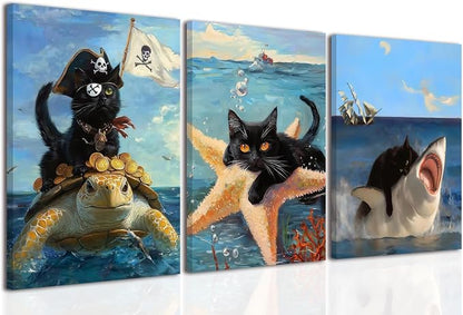 Framed Black Cat Wall Art Funny Cat Shark Turtle Starfish Canvas Wall Decor Ocean Abstract Black Cat Posters Pictures Print for Bedroom Living Room Bathroom 12x16 In
