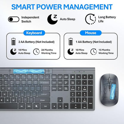 Wireless Keyboard and Mouse Combo, Full Size Keyboard and Mouse, Long Battery Life, Optical Mouse, 2.4G Lag-Free Cordless Mice Keyboard Set Ultra Slim Design for Computer, Laptop, PC, Mac (Gray Black)