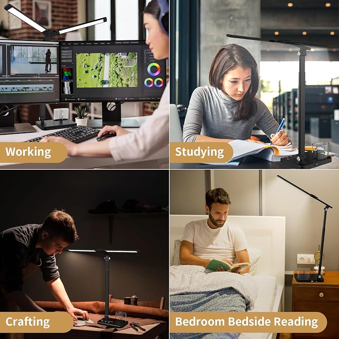 Woputne LED Desk Lamp, Dual Heads, Height Adjustable, USB Charging Port, 5 Light Modes & Dimmable Brightness, Bedside Lamp for Reading, Craft, Work, Study (Black, 15W)