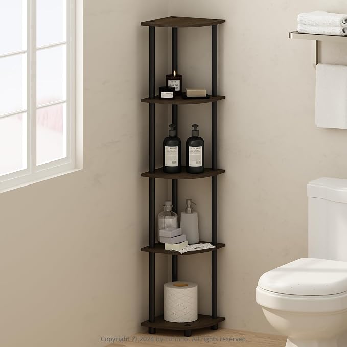 Furinno Turn-N-Tube Storage Shelves, 5-Tier Book Shelf, Corner Shelf, Toolless Open Shelves, for Organization and Storage, Living Room, Home Office, Hallway, Bedroom, Dark Brown Grain