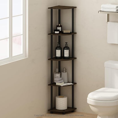 Furinno Turn-N-Tube Storage Shelves, 5-Tier Book Shelf, Corner Shelf, Toolless Open Shelves, for Organization and Storage, Living Room, Home Office, Hallway, Bedroom, Dark Brown Grain