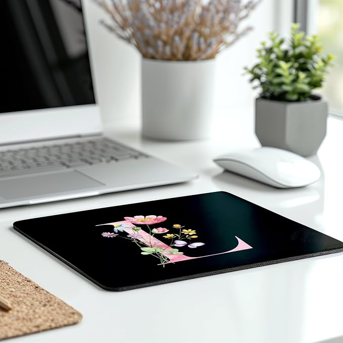 Mouse Pad Pinks Flowers Initial Letters Mousepad Desktop Laptop Computer Accessories Home Office Gaming Work Desk Computer Non-Slip Rubber Monogram Floral Alphabet A-Z mousepad (L)