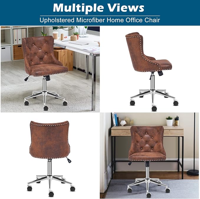 VINGLI Rustic Microfiber Armless Home Office Desk Chair with Silver Base/Wheels, Small Cute Vanity/Makeup Chair with Back for Bedroom, Upholstered Adjustable Rolling Swivel Nail Chair for Women/Girls