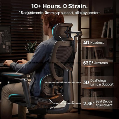 Ergonomic Office Chair with Adaptive Dual-Wing Lumbar Support - Over 10 Hours Sitting Comfortable Mesh Big and Tall Home Desk Chair, 4D Headrest, 630° Armrst, Seat Depth Adjustable