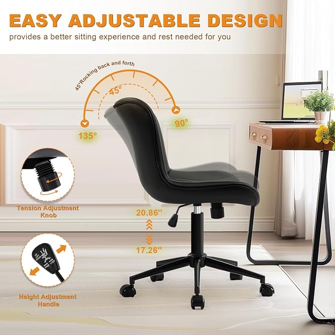 Armless Office Chair, Height Adjustable Desk Chair with Wheels, Ergonomic Comfy 360° Swivel Home Office Computer Task Chair, Faux Leather Padded Cute Vanity Chair,Black