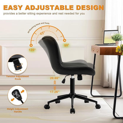 Armless Office Chair, Height Adjustable Desk Chair with Wheels, Ergonomic Comfy 360° Swivel Home Office Computer Task Chair, Faux Leather Padded Cute Vanity Chair,Black