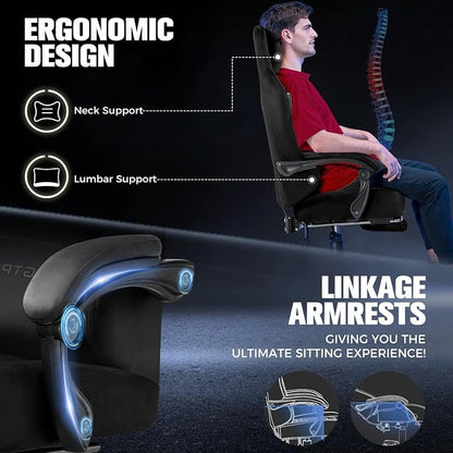 GTPLAYER Big and Tall Gaming Chair 400lbs Heavy Duty Office Chair with Foot Rest, High Back Pocket Spring Ergonomic Computer Chair for Adults, Wide Comfy Seated Cushion with Linkage Armrests, Black