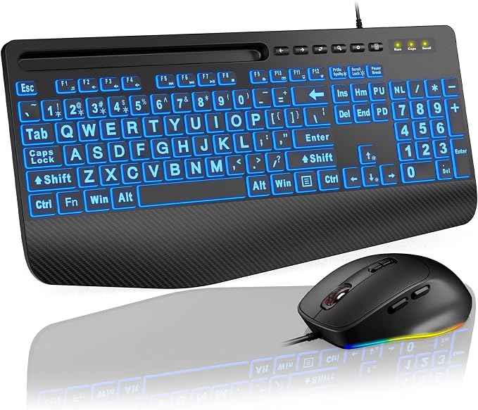 SABLUTE KM21Pro Wired Keyboard and Mouse Combo, 4X Larger Print Backlit Keys, Palm Rest, Ergonomic Design, USB Plug & Play for Windows PC Laptop, Ideal for Seniors, Students, Home & Office