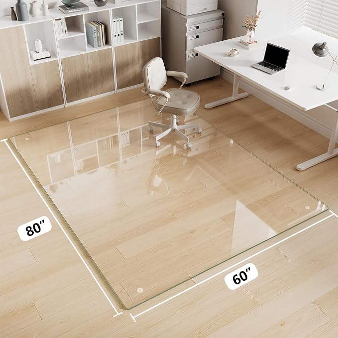 Glass Chair Mat 60" x 80" Heavy Duty Tempered Glass Office Chair Mat, Glass Floor Mat with Round Corner and Polished Edge for Smooth Glide, Office Chair Mat for Carpet, Hardwood Floor
