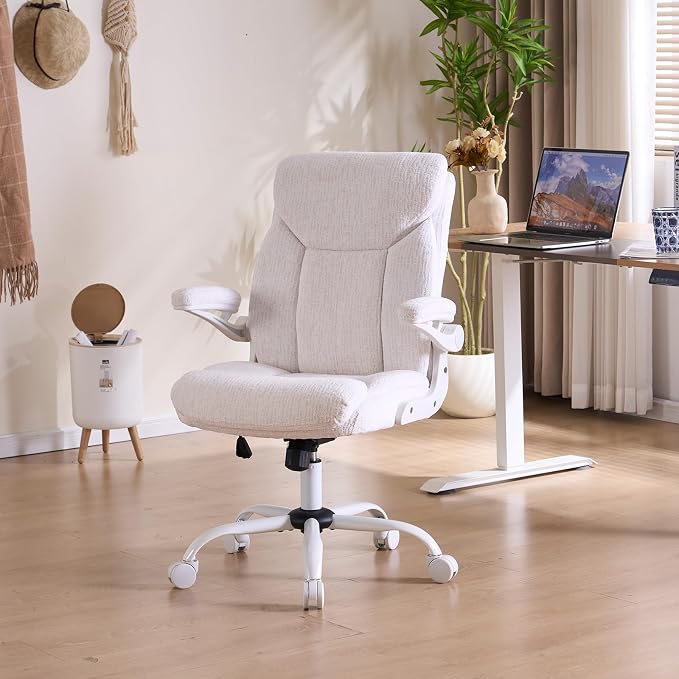 Fabric Executive Office Chair - Ergonomic Computer Chair with Flip-up Arms Comfy Cloth Home Desk Chairs Mid Back Support Adjustable Height Tilt Lock Swivel Rolling Wheels, White