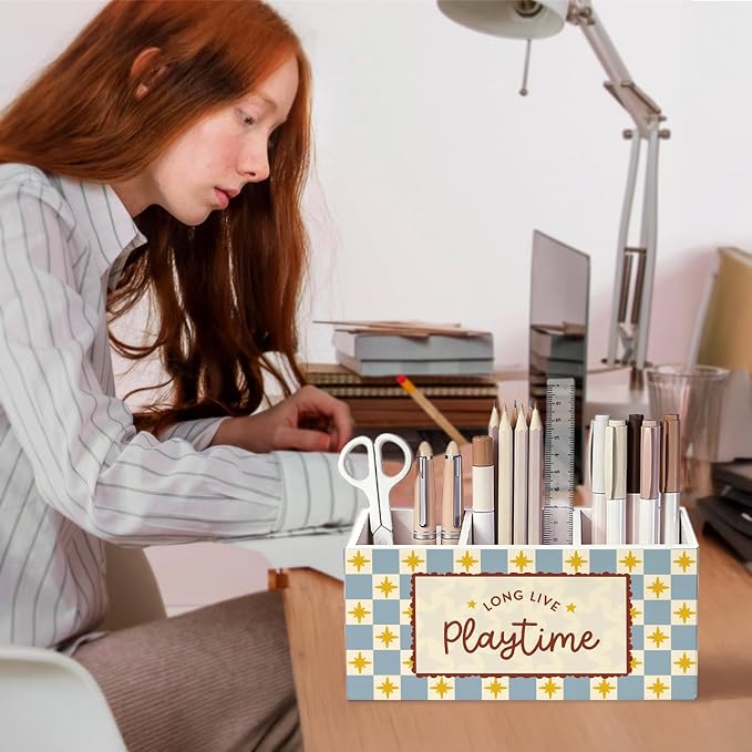 Kids Playroom Pen Pencil Holder for Desk, Playroom Decor, Long Live Playtime Wooden Box Sign Decorations for Kids Boys Girls Room Bedroom Playroom Classroom Desk Tabletop