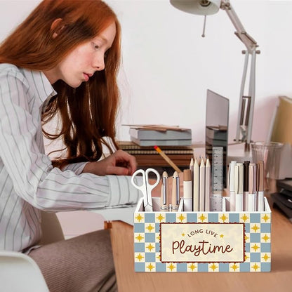 Kids Playroom Pen Pencil Holder for Desk, Playroom Decor, Long Live Playtime Wooden Box Sign Decorations for Kids Boys Girls Room Bedroom Playroom Classroom Desk Tabletop