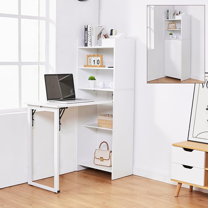 Folding Desk with Storage,Space-Saving Foldable Desk, Wall Mount Fold Out Computer Table for Home Office (White)
