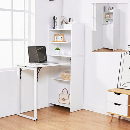 Folding Desk with Storage,Space-Saving Foldable Desk, Wall Mount Fold Out Computer Table for Home Office (White)