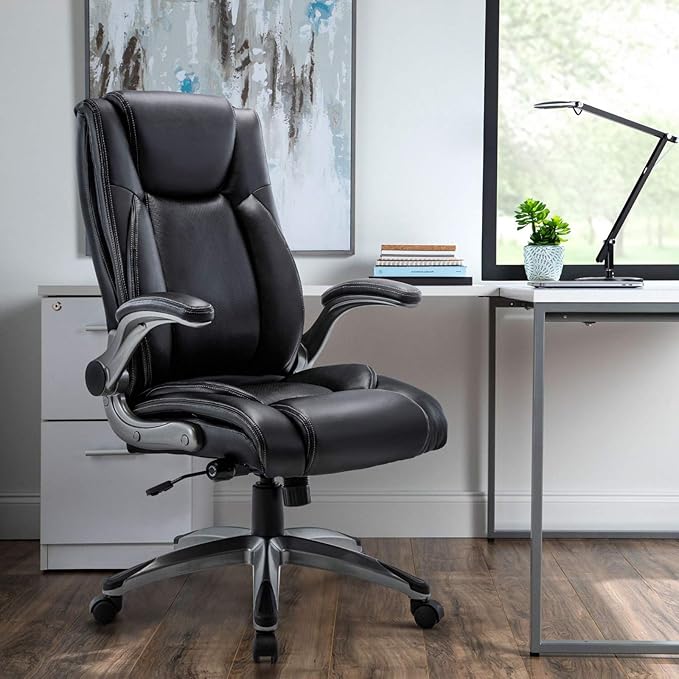 Office Chair Ergonomic Computer Chair, Executive Desk Chair with Adjustable Lumbar Support and Flip-up Arms, Swivel Rolling Work Chair-Black