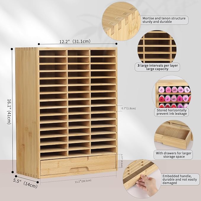 AUTOARK Bamboo Marker Organizer for 225 Markers,AHK-063 | Desktop Storage with Drawers,Art Markers Pens Pencils Brushes,Stationary Organizer