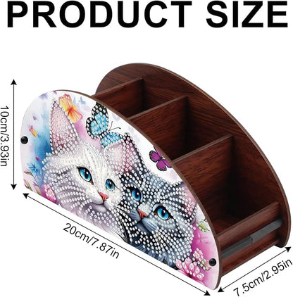 DIY Diamond Painting Storage Box Couple Cats, Handmade 5D Diamond Art Case Multi-Compartment Wooden Desktop Organizer for TV AC Remotes Makeup Brushes Pens Tabletop Holder, Valentine's Day Gift