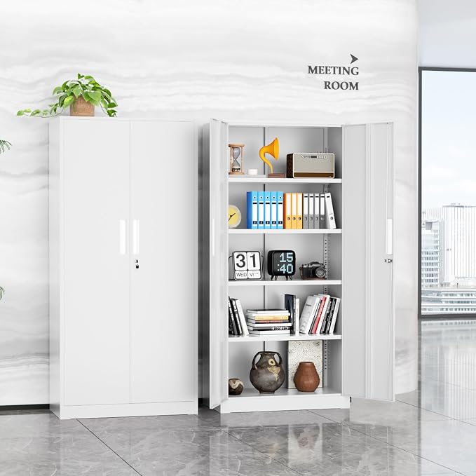 INTERGREAT White Metal Storage Cabinet, 72" Locking Steel Cabinets with 2 Door and 4 Adjustable Shelves, Tall Metal Cabinet for Home Office, Garage, Warehouse