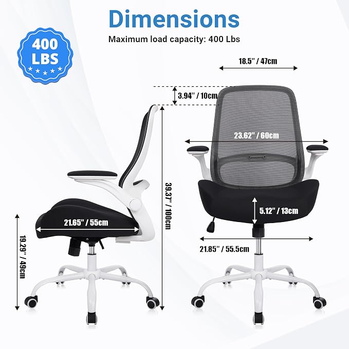 HYLONE Office Chair Ergonomic Chair with Flip up Armrests, 5" Thickened Seat Computer Chair with Breathable Mesh Back Home Office Computer Chairs for Long Hours Mesh Office Chair(White Base&Black)