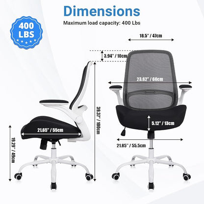 HYLONE Office Chair Ergonomic Chair with Flip up Armrests, 5" Thickened Seat Computer Chair with Breathable Mesh Back Home Office Computer Chairs for Long Hours Mesh Office Chair(White Base&Black)