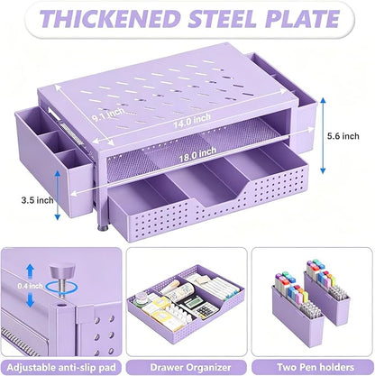 OPNICE Laptop Stand for Desk Organizer, Computer Monitor Stand Riser with Drawer and 2 Pen Holders, Ventilated Perforated Steel Top, Office Desk Accessories for Home Office Supplies, Purple