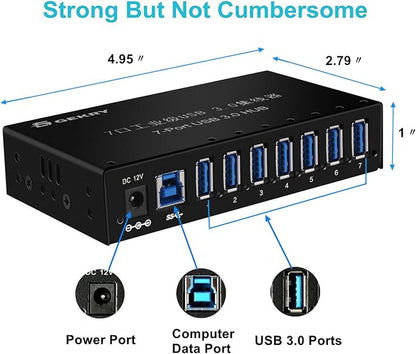 USB 3.0 Hub, USB Data Hub, Metal Case Mountable 7-Port Powered USB Hub 3.0 with 36W AC Adapter-Type A