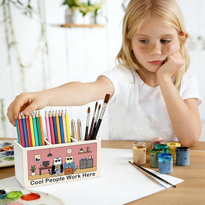 Funny Cat Pen Pencil Holder for Office Desk Accessories Decor | Funny Office Accessories for Women Men, Cool People Work Here Pen Pencil Wooden Organizer Decorations for Work Room Tabletop