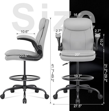 Misolant Leather Drafting Chair, Tall Office Chair for Standing Desk, High Executive Office Chair with Adjustable Height and Flip-up Armrest for Counter Height Desk