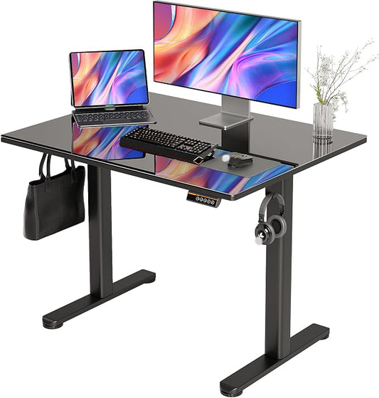 Claiks Glass Standing Desk, 40x24 Inch Small Stand Up Desk Electric Adjustable Height Quick Install Computer Desk for Home Office, Super Black