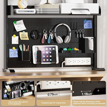 Adjustable Desktop Hutch Bookshelf, Desk Shelf Organizer with Pegboard and Thickened Metal Frame, 2 Tier Display Rack, Countertop Storage, Wood Bookcase for Home, Dorm or Office, Black, 38.9" W