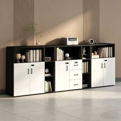 File Cabinet with Password Lock, Wood Lateral Filing Cabinet for Letter/A4 Files, 3 Drawer with Door, Printer Stand with Open Shelves for Home Office