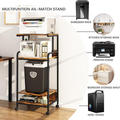 Arbuxzuy 4 Tier Printer Stand with Storage Shelf, Large Tall Printer Cart with Wheels, Mobile Printer Table for Home Office, Adjustable Stands for Heat Press Scanner Fax (Brown)