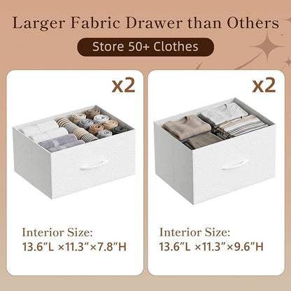 HIGDBFE Tall Dresser 44''H with Hanging Rack, 4 Drawers Small Closet Dresser for Bedroom, Reversible Fabric Chest of Drawers with Clothes Rack, Tall Storage Tower, Sturdy Frame, White