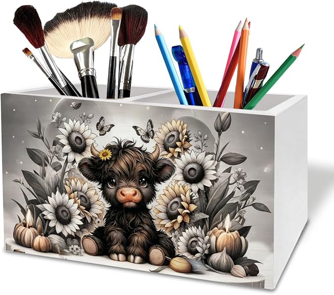 Sunflower Black Highland Cow Pen Holder for Desk, Highland Cow Gifts Wooden Box Sign Desk Decor for Home Office Decoration, Farmhouse Butterfly Floral Heifer Pencil Organizer