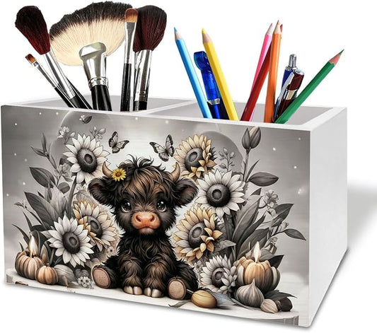 Sunflower Black Highland Cow Pen Holder for Desk, Highland Cow Gifts Wooden Box Sign Desk Decor for Home Office Decoration, Farmhouse Butterfly Floral Heifer Pencil Organizer