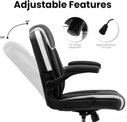 NEO Chair Mid-Back Home Office Executive Desk Chair Computer Gaming Ergonomic Chair with Adjustable Padded Flip-Up Armrests Wheels Swivel for Task Study (Leather Black)