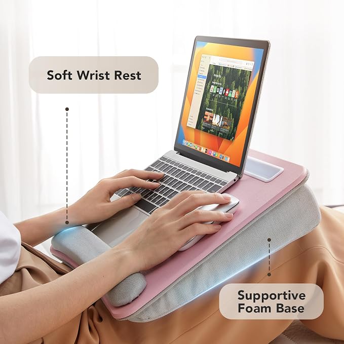 HUANUO Laptop Lap Desk - Portable Lap Desk with Pillow Cushion, Fits up to 15.6 inch Laptop, with Anti-Slip Strip & Storage Function for Home Office Students Use as Computer Laptop Stand - Pink