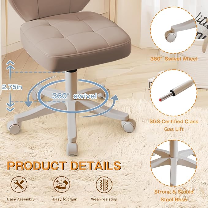 Vanity Chair with Back – Small Armless Office Chair with Wheels, Lumbar Support, PU Leather, Adjustable Height, 360° Swivel for Home, Bedroom, Office (Khaki Set of 1)