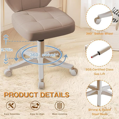 Vanity Chair with Back – Small Armless Office Chair with Wheels, Lumbar Support, PU Leather, Adjustable Height, 360° Swivel for Home, Bedroom, Office (Khaki Set of 1)